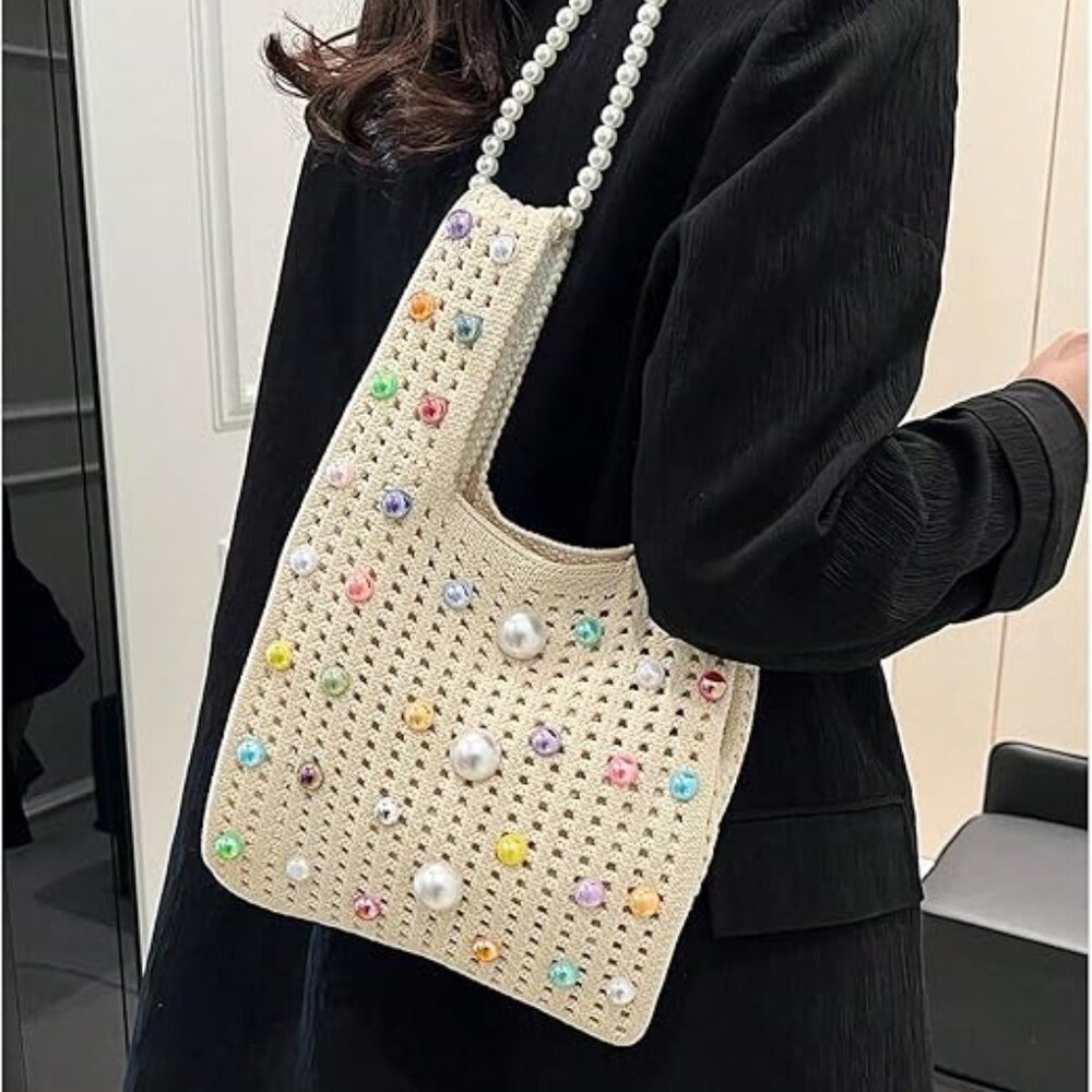 Funky Cream Crochet Knit Tote Bag Purse Multi Pearls & Pearl Chain New